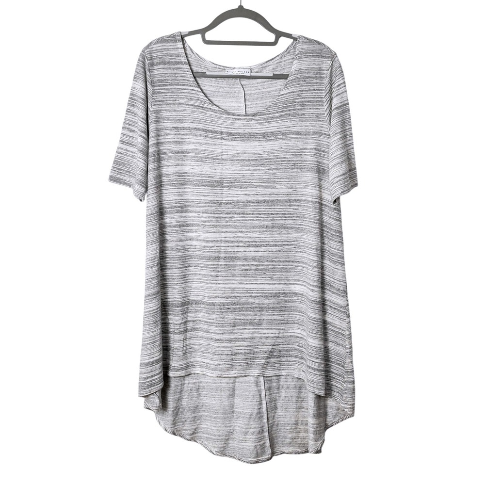 Bryn Walker High-Low Tunic Top Womens Large Gray Striped Short Sleeve Lagenlook
